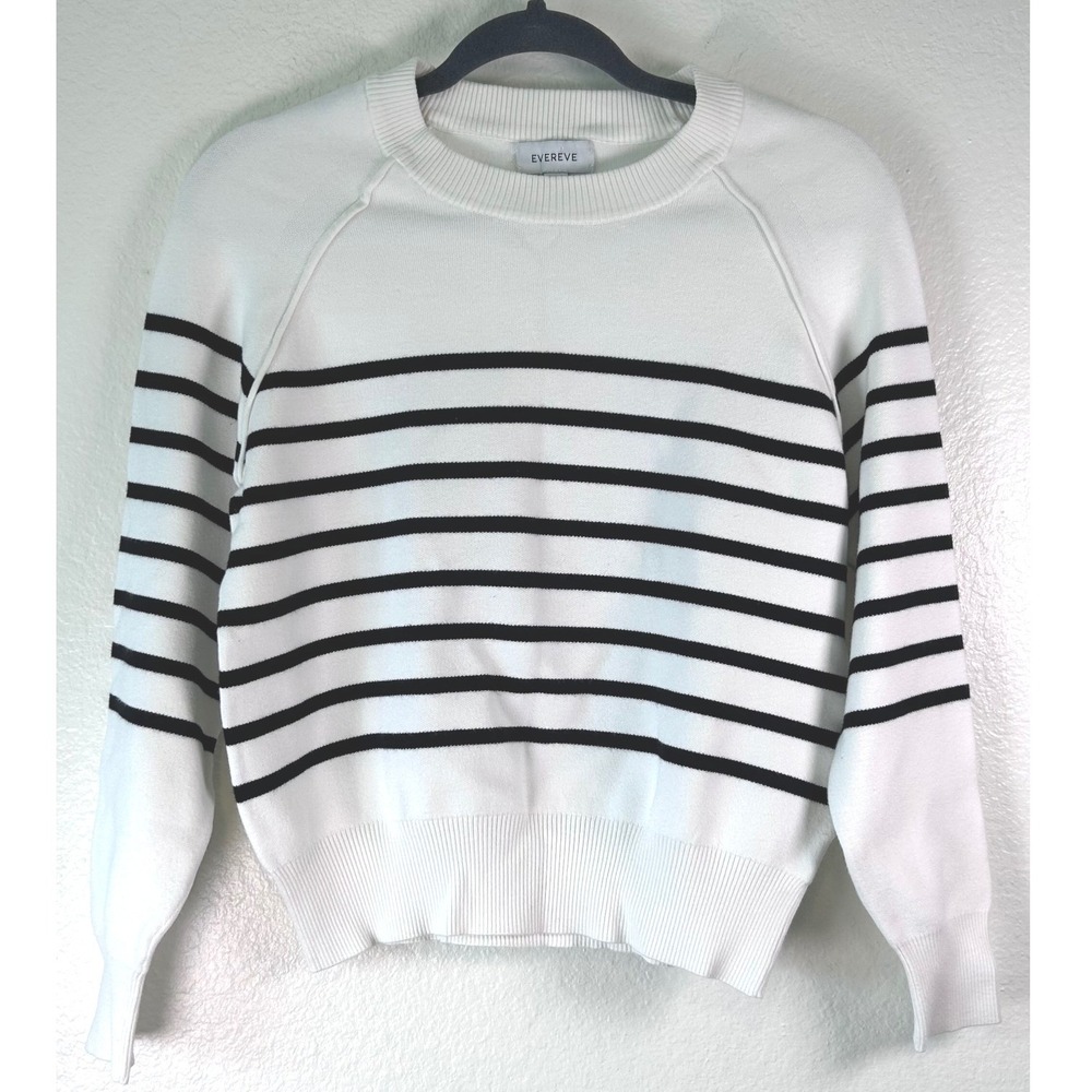 Evereve Preppy Minimalist Chic Striped Crewneck Sweater Ivory Navy Raglan SZ S